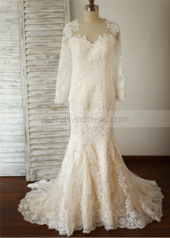 Long Sleeves Ivory Lace Beaded Wedding Dress With Champagne Lining